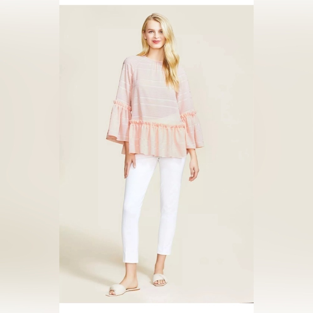 Pearl by Lela Rose Striped Crepe Full Sleeve Top Blouse Blush Small Pink…​​
